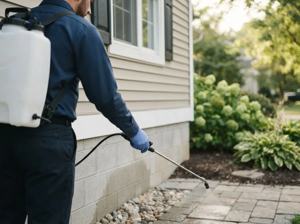 Pest control technician inspecting a home in Hillsdale, MI
